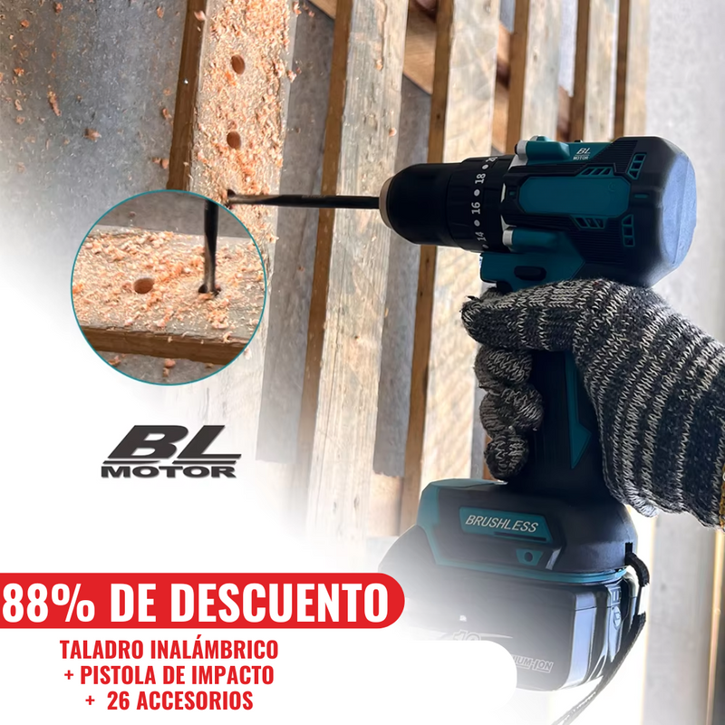 KIT ORIGINAL: TALADRO INALÁMBRICO con PISTOLA DE IMPACTO + 26 ACCESORIOS + 2 BATERIAS PROMOCIÓN CIERRE DE TIENDA - Envío Gratis 24H MRW
